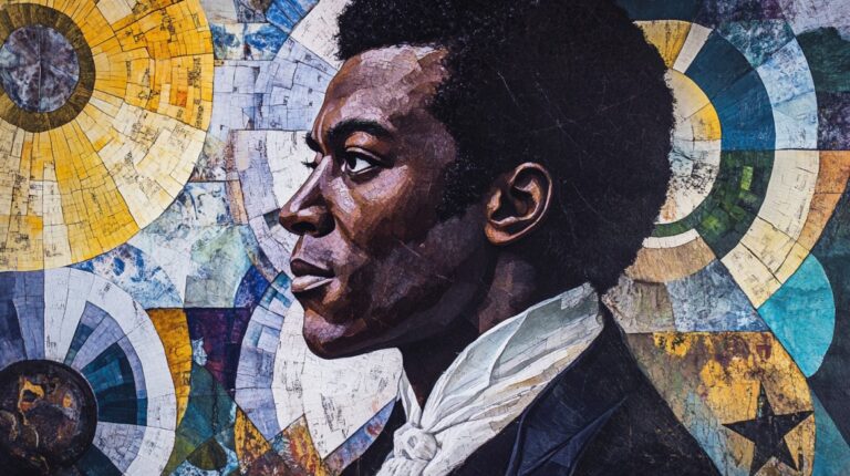 Artistic mosaic portrait of a historical African American man in formal attire, with vibrant circular patterns in the background