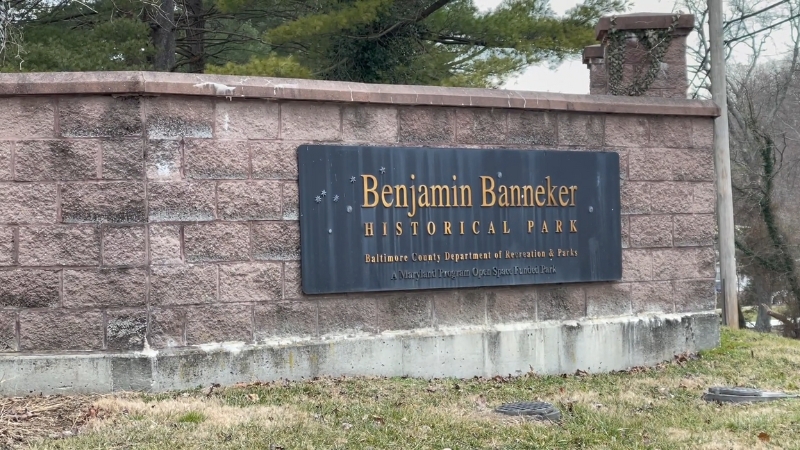 Benjamin Banneker Historical Park entrance sign in Catonsville, Maryland marks the starting point for the trail network