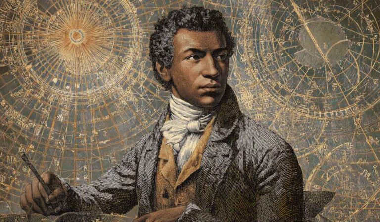 Illustrated portrait of a man in 18th-century clothing holding a writing instrument, with celestial maps and geometric designs in the background.