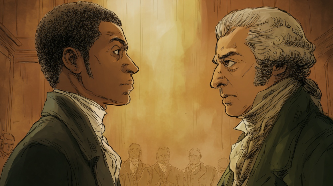 Illustration of Benjamin Banneker and Thomas Jefferson facing each other in a tense exchange