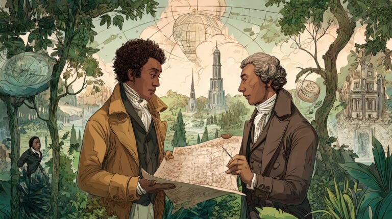 Illustration of Benjamin Banneker and Thomas Jefferson discussing a document in a garden setting