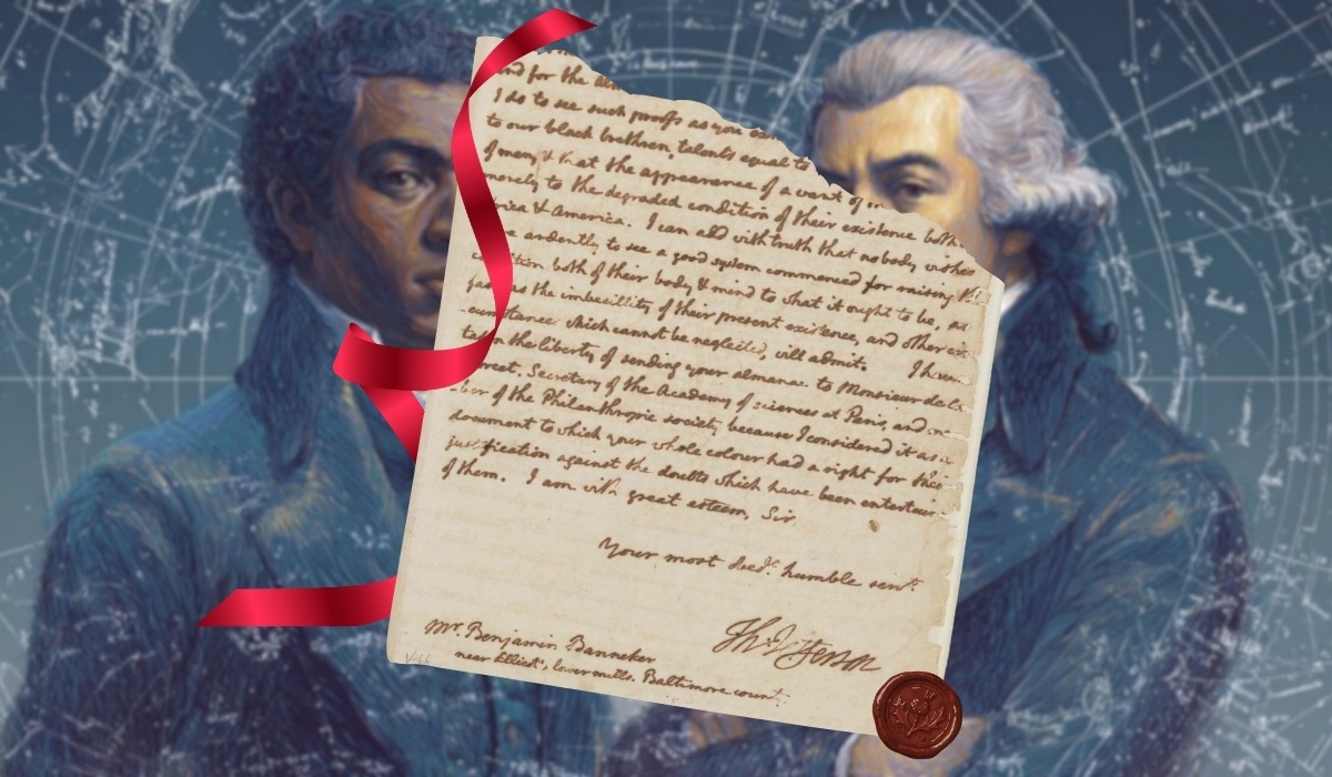 Historic handwritten letter with portraits of Benjamin Banneker and Thomas Jefferson in the background