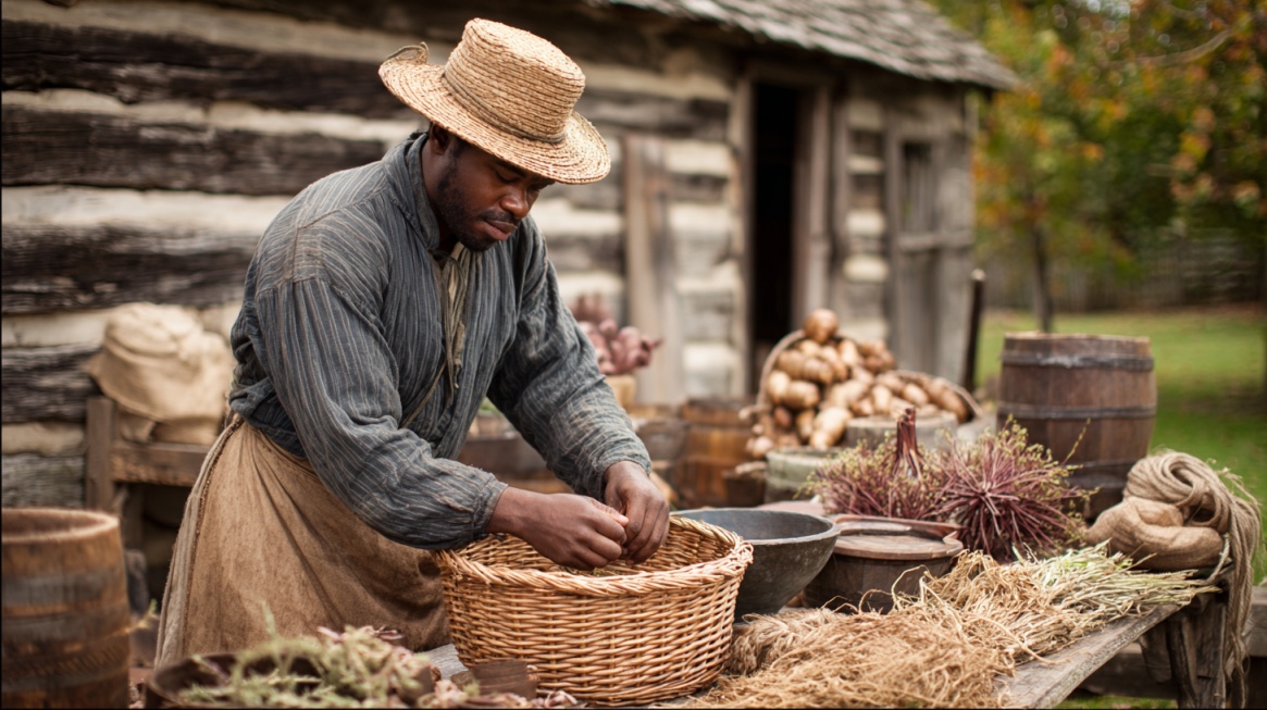 Man in colonial clothing preparing crops beside a log cabin farmstead