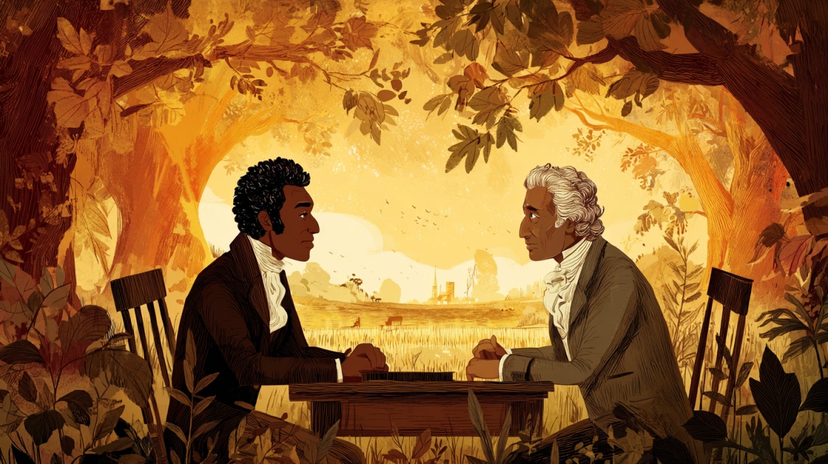 Illustration of Benjamin Banneker and Thomas Jefferson seated across from each other in conversation