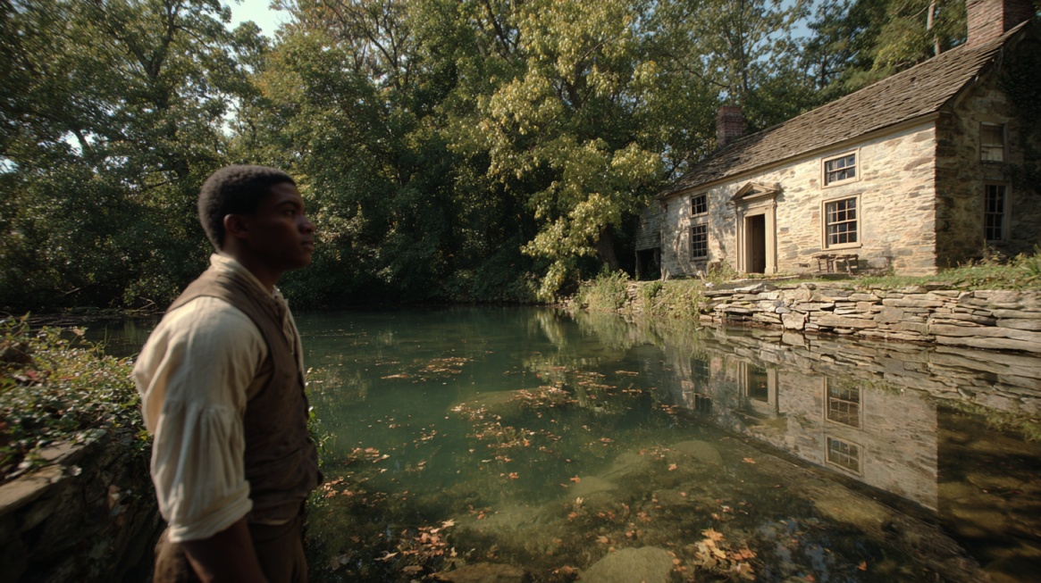 Historic stone farmhouse beside a pond with a man standing nearby
