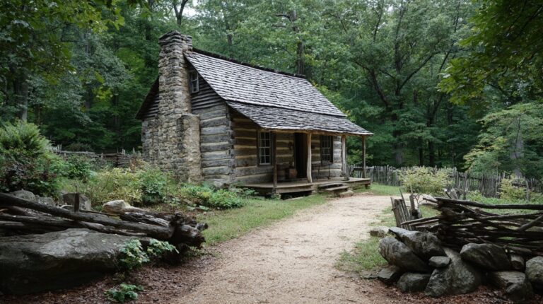 Historic log cabin in a wooded area with a dirt path and rustic fencing